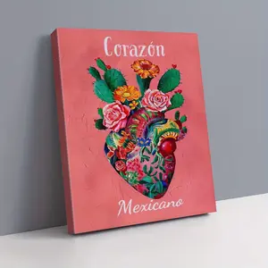A Mexican Pink Floral Heart Design Canvas Wooden Wall Art - Vibrant Plant Illustration with "Mexican Heart" Text, Decorative, Ready to Hang, Perfect for Living Room, Bedroom, or Home Office Decoration, Mexican Home Decor - Pudraw