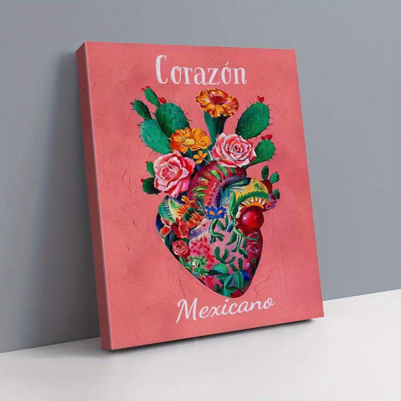 A Mexican Pink Floral Heart Canvas Wall Art, Wooden Wall Art, Decorative Artwork, Decoration Items - Plant Illustration with "Mexican Heart" Text, Decorative Wall Decor, Ready to Hang, Perfect for Living Room, Bedroom, Mexican Home Decor - Pudraw