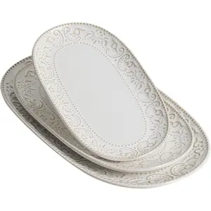 Serving Platters Set, 14"/12"/10" Oval Ceramic Serving Plates, Embossed Serving Trays for Party, Oven Dishwasher Safe,  White Serving Dishes for Entertaining, Appetizers, Pasta, Sushi