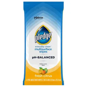 Pledge 25 Count Multi-Surface Disinfecting Wipes, pH Balanced Cleaner for Daily Use, Safely Cleans Granite, Marble, Quartz, Stainless Steel, and Electronics, Leaves No Streaks or Residue, Fresh Citrus Scent, Ammonia and Bleach Free.