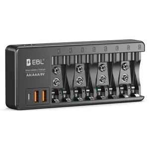 EBL AA AAA 9V Battery Charger with 2 USB-A & 1 USB-C Ports for NiMH NiCD Li-ion Rechargeable Batteries and 5V Devices Independent Charging LED Indicator Trickle Charging Safety Guarantee - Smartphones, Smartphone, Phone