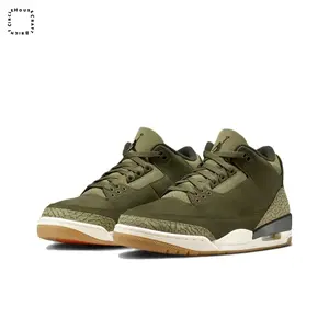 Olive Green Mid-Top Retro 3 Basketball Shoes Leather Upper Breathable Casual Sports Sneakers Trendy Streetwear Footwear