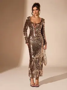 Coffee Color Sequined Square Neck Long Sleeve Dress, Formal, High Gloss Luxury, Gentle Style, Perfect for Luxurious Evening Parties, Dates, Fashion Gatherings