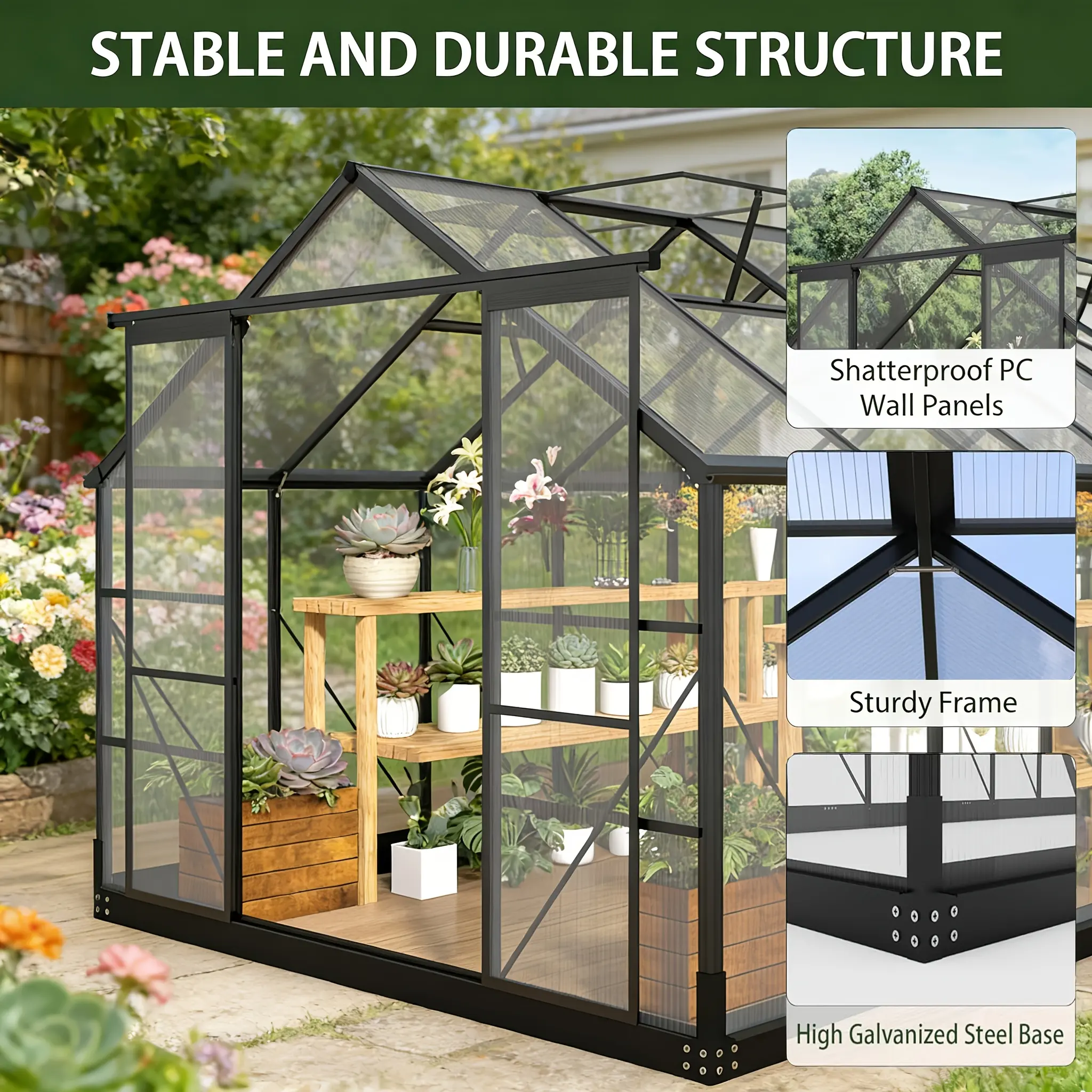 Heavy Duty 8X14/16/20Ft Polycarbonate Greenhouse, Walk in Outdoor Greenhouse with Aluminum Frame & Adjustable Vents, Windproof Garden Greenhouse for Backyard Plant Care