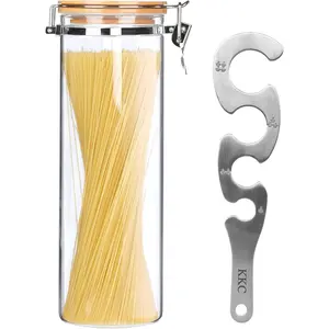 Glass Pasta Storage Container With Measuring Tool, Spaghetti Jar, Noodle Holder, Tall Container With Bamboo Lid, 68 Floz