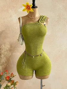 VRONA WYWH Olive Green Button Rib Knit Overalls Casual Holiday Clean Girl Aesthetic