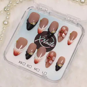 Xnails | EVENING SAKURA | 10PCS Handmade Press on nails Almond shape REUSABLE, Salon Quality, Glossy Design