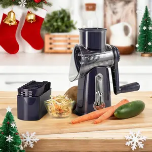 Rotary Food Cheese Grater with Handle, 5 Blades and Strong Suction Cup Base, Comes with 1 Blade Storage Box Kitchen Utensils Red Durable Vegetable Slicer Vegetable Cutting Slicer Vegetable Cutter