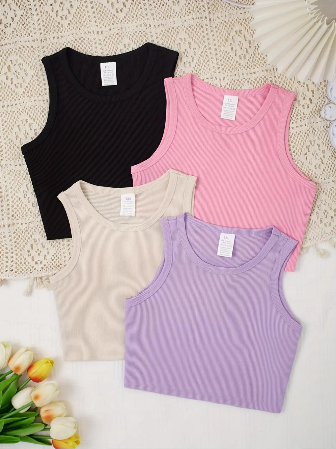 Solid Color Ribbed Tank Top for Girls, Casual Sleeveless Top for Daily Wear, Kids Clothes for All Seasons