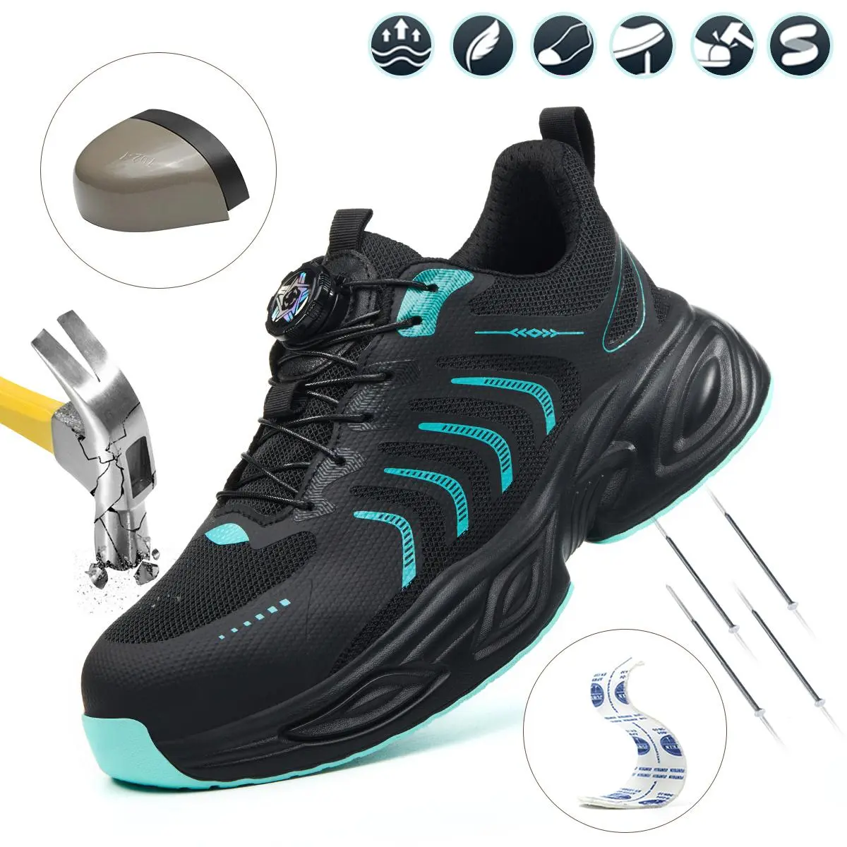 Men’s work boots with a low heel design, steel toe cap, shatterproof construction, puncture resistance, slip resistance, and an anti-slip rubber sole. Suitable for construction sites, daily factory use, warehouse work, and outdoor labor work shoes.
