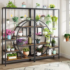 LITTLE TREE 7 Tier Indoor Plant Stand, 70.9" Tall Half Moon Shaped Plant Shelf with 6PC S Hanging Hooks, Industrial Large Flower Pots Display Rack for Home Garden, Balcony, Patio