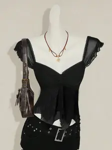 Summer New Fashion Chic Women Front Ruched Slim Fitted Fit Sexy Mesh Hollow Out Cold Shoulder Tank Top, Casual Beach Vacation Goth Style, Womenswear