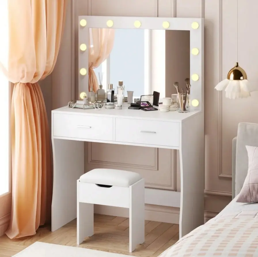 FURMAX 35.4" Vanity Desk Set with Mirror,Makeup Vanity Table with 11 Adjustable Lights and 2 Spacious Drawers,3 Lighting Modes with Control&Soft-Padded Storage Stool,Modern Bedroom Vanity Set, Pure White