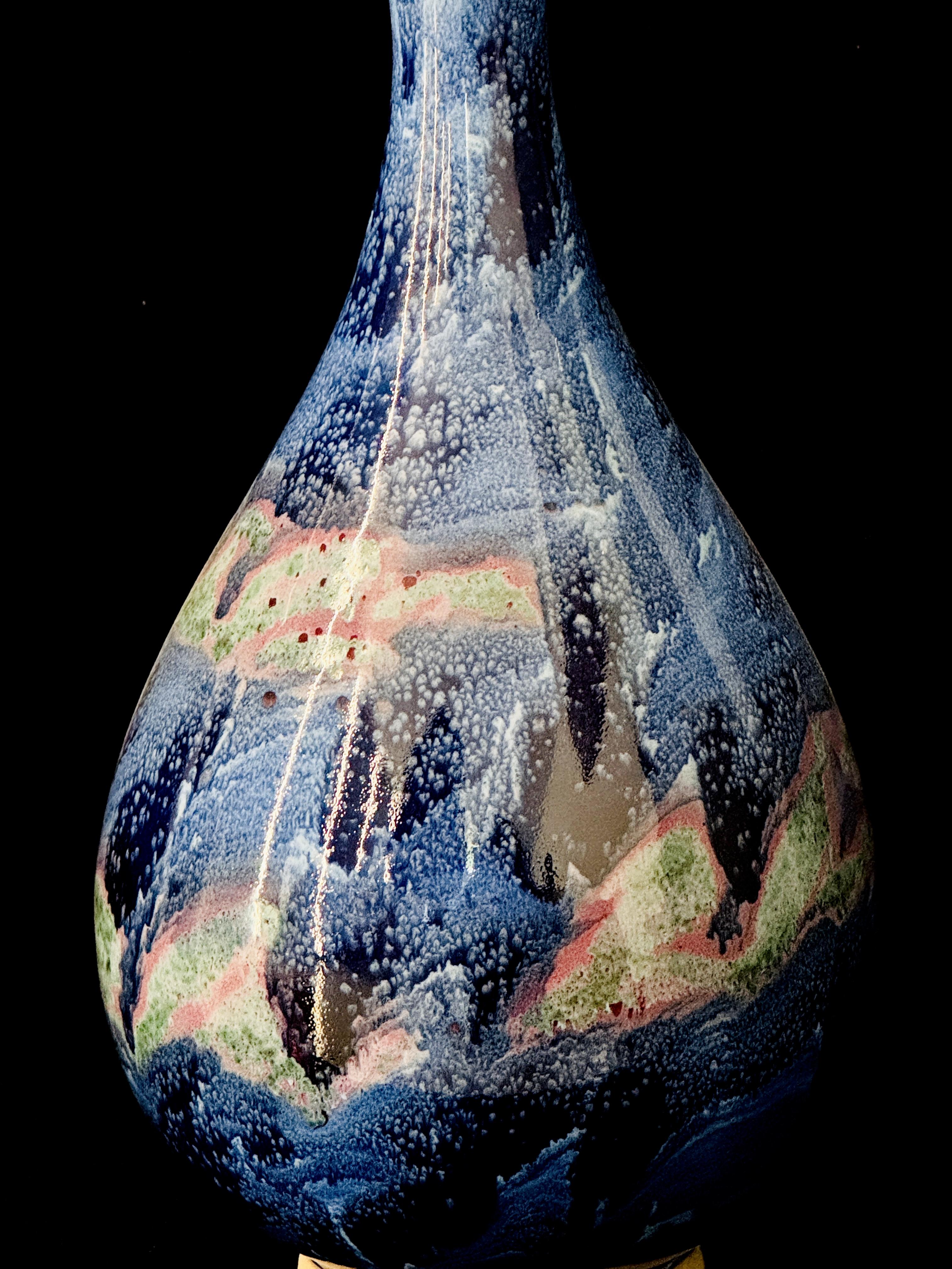 Handmade Chinese Jun Porcelain Vase with Ruffled Flower Top, Stunning Blue-Pink Kiln-Fired Glaze Ceramic Vase, Unique Asian Art Home Decor