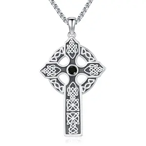 DRINSPER S925 Celtic Knot Necklace with Black Moissanite Decorated 925 Sterling Silver Pendant Irish and Norse Heritage Jewelry