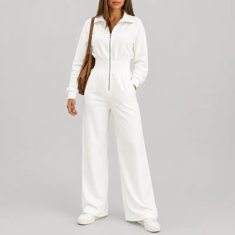 Imily Bela Women's Zip Front Jumpsuit Long Sleeve Collared One Piece Outfit Smocked Waist Wide Leg Casual Lounge Jumpsuit with Pockets