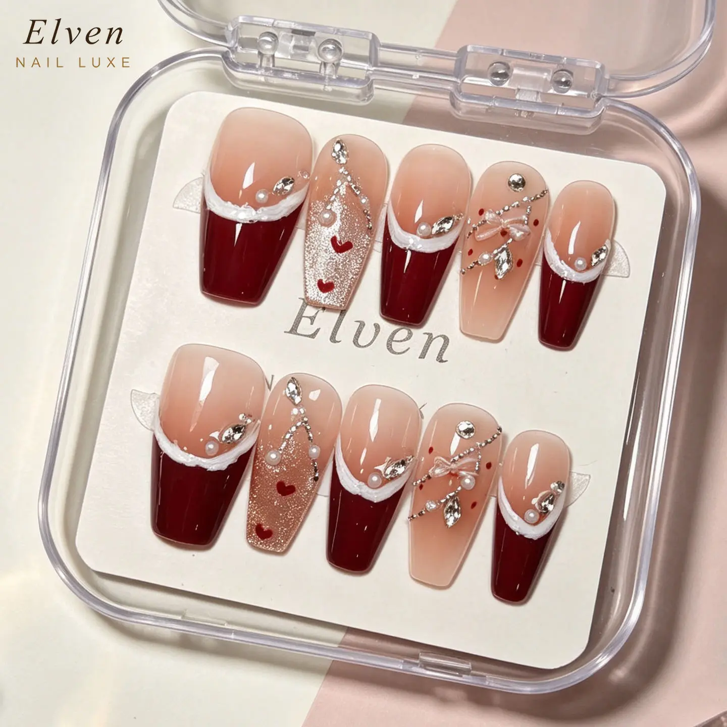 Handmade Nude Dark Red Ombre Press On Nails With Gold Glitter, Tiny Heart Prints & Crystal Rhinestone Chain Accents, Medium Coffin Reusable Fake Nails For Fall Daily Wear