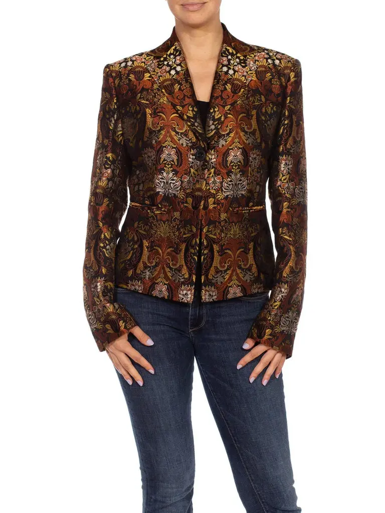 1990S RICHARD TYLER Black, Brown & Gold Silk Jacquard Jacket