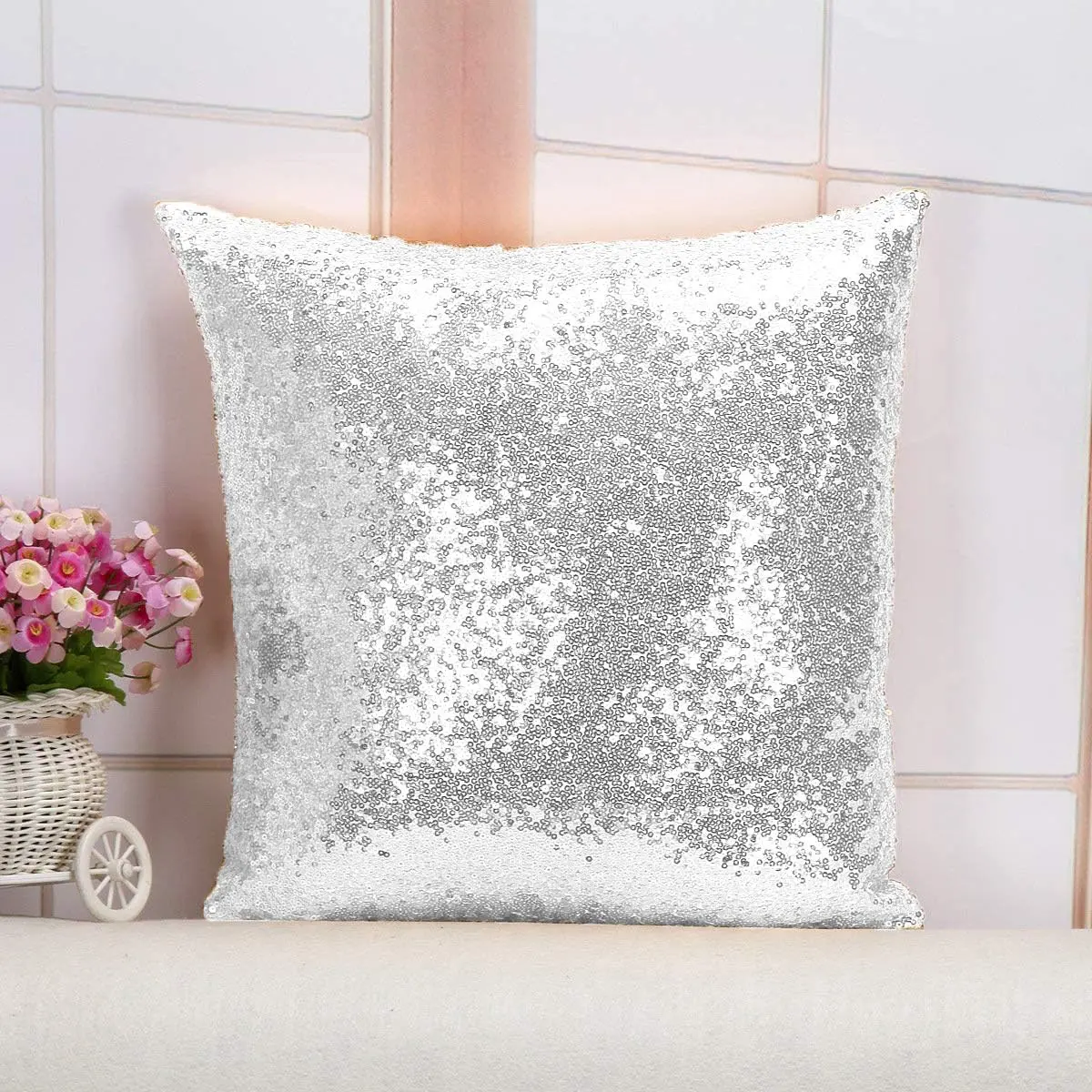 Silver Throw Pillow Cover 18"X18" quin Pillows-Cover,Small Pillow Cas,Shiny Silver-Gray Cushion Covers for Sofa, Couch,Bed,Home Decorations