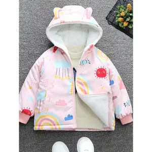 Girls' Winter Hooded Coat with Rainbow & Clouds Print - Soft Pink & Pastel Colors, Long Sleeve Zip-Up Jacket with Pockets, Loose Fit Casual Outerwear for, Cozy Fall & Winter Wear, Winter Clothes For Girls, Fall Fashion, Playful Design