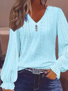 Plus Size Elegant Women's V Neck Long Sleeve T-Shirt, Solid Color Eyelet Cutout Button Design, Casual Spring & Fall Wear