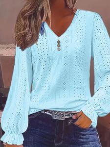 plus size elegant women's v neck long sleeve t-shirt, solid color eyelet cutout button design, casual spring & fall wear