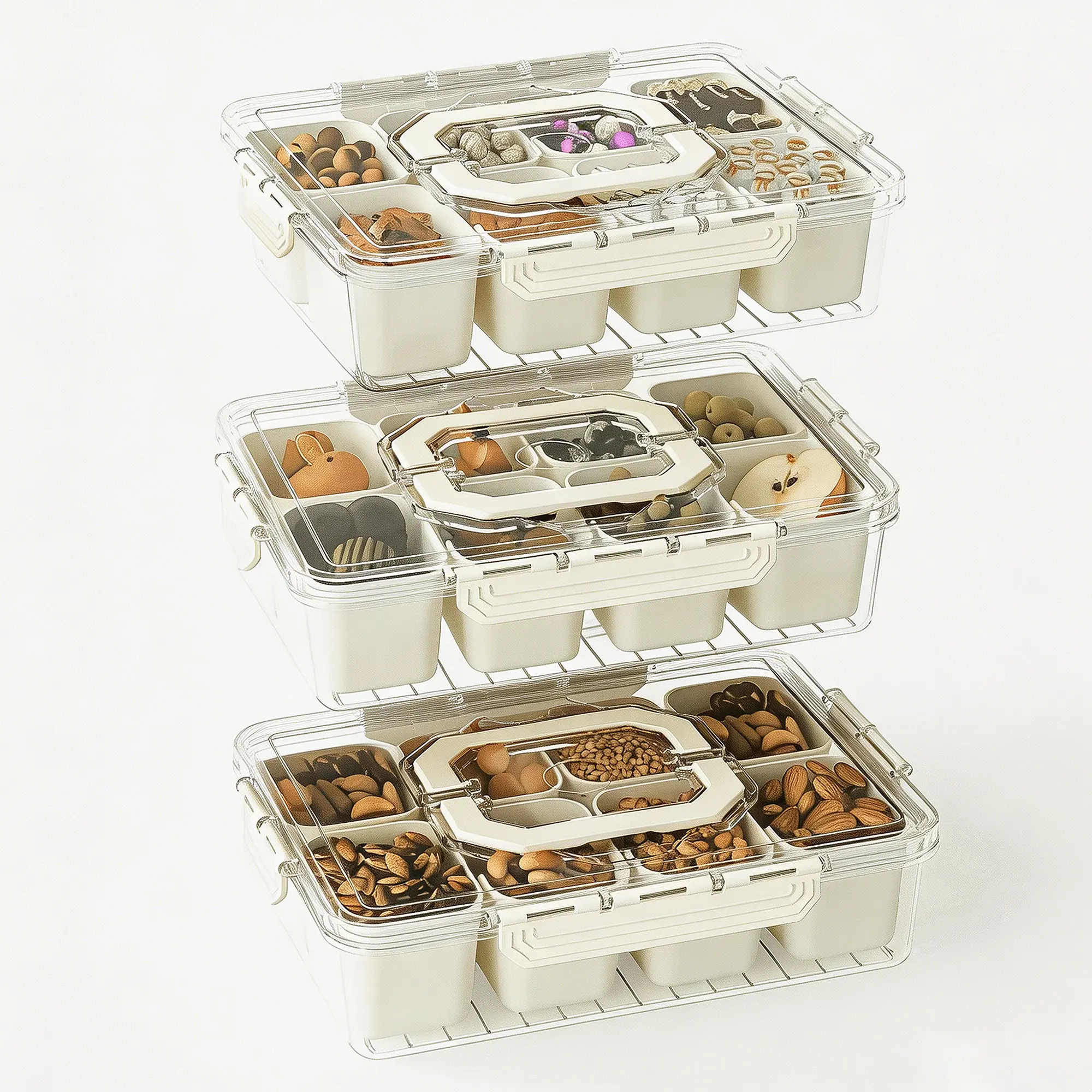3 Pack,Beige Divided Serving Tray with Lid and Handles 8 Compartments Snack Box Container Charcuterie Organizer Snackle Box Container for Candy,Nuts,Fruits,Snacks
