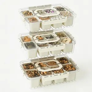 3 Pack,Beige Divided Serving Tray with Lid and Handles 8 Compartments Snack Box Container Charcuterie Organizer Snackle Box Container for Candy,Nuts,Fruits,Snacks
