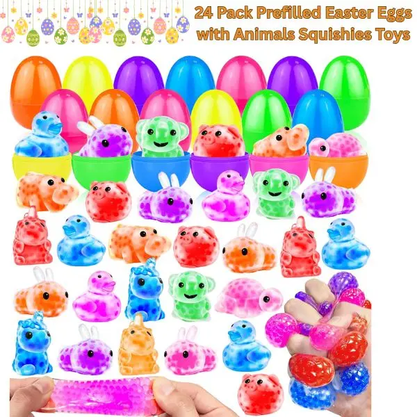 24-Pack Prefilled Easter Soft Capsule Eggs with Animal-Shaped Squishies, Random Surprise Fidget Toys, Safe Stress Relief Capsules for Kids, Easter Basket Stuffers