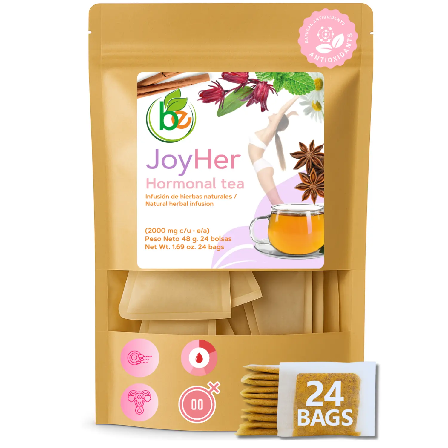 Te de Mujer, Para la Mujer, Women’s (Mujeres) Herbal Tea–24 Tea Bags–Traditional Infusion,Chamomile,Cinnamon,Hibiscus,Anise,Spearmint,Dong Quai,Chaste Berry & Black Cohosh Authentic Botanical Blend –100% Natural,Vegan,Caffeine-Free – By BexpertsUSA