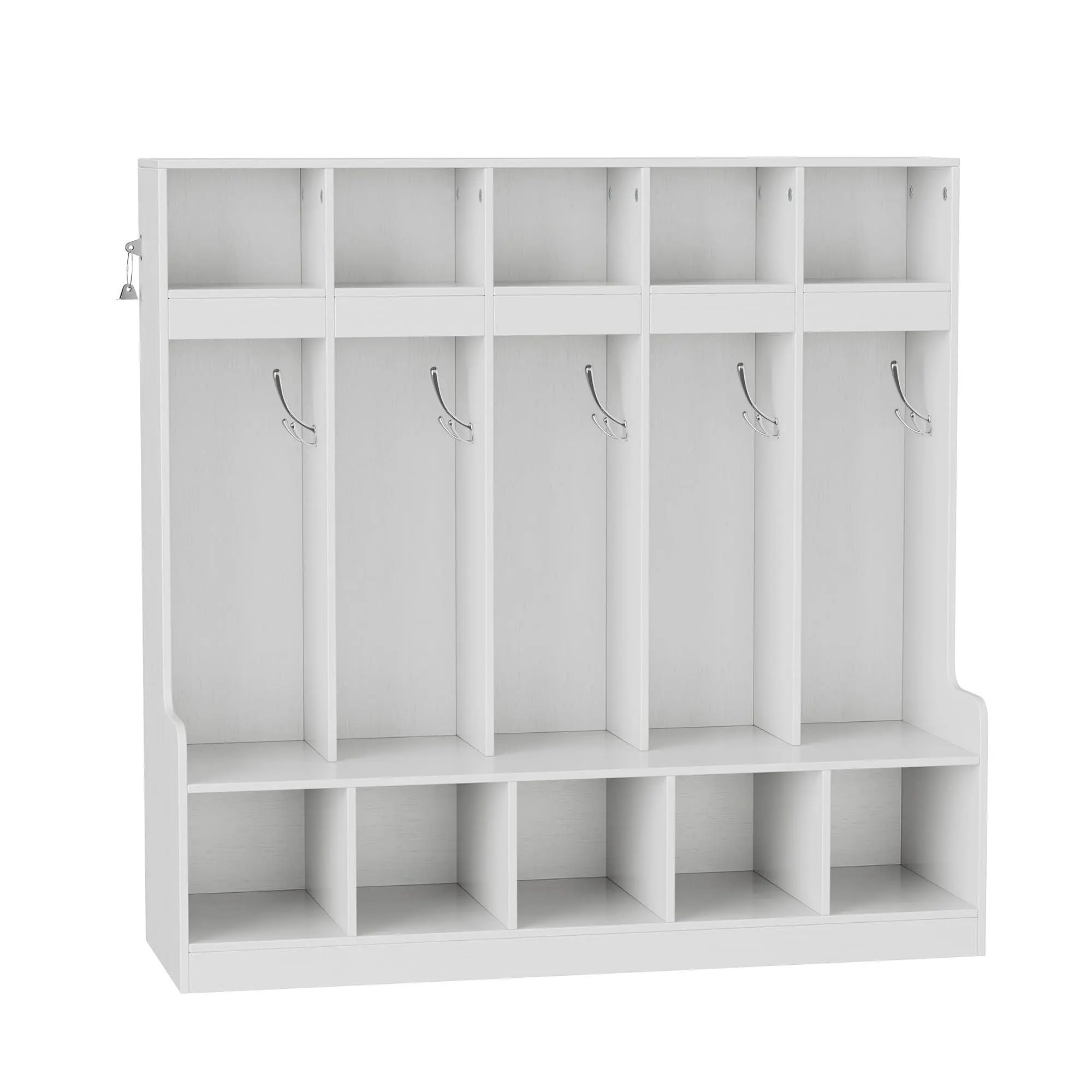 White Solid Sturdy 5-Section Cubby Storage Organizer with 5 Hooks, Wooden Preschool Coat Locker for Backpacks, Jackets, Shoes, Freestanding for Daycare, Entryway