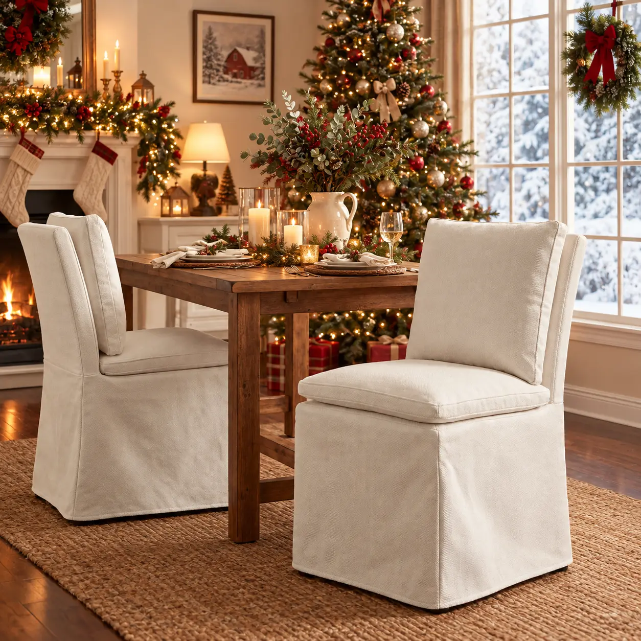 Upholstered Dining Chairs Set of 4, Cream Fabric Large Padded Soft Rich Dining Room Furniture with Removable Washable Slipcovers, Cushioned Seat, Solid Wood Frame for Family Use, Large Padded Dining Room Furniture