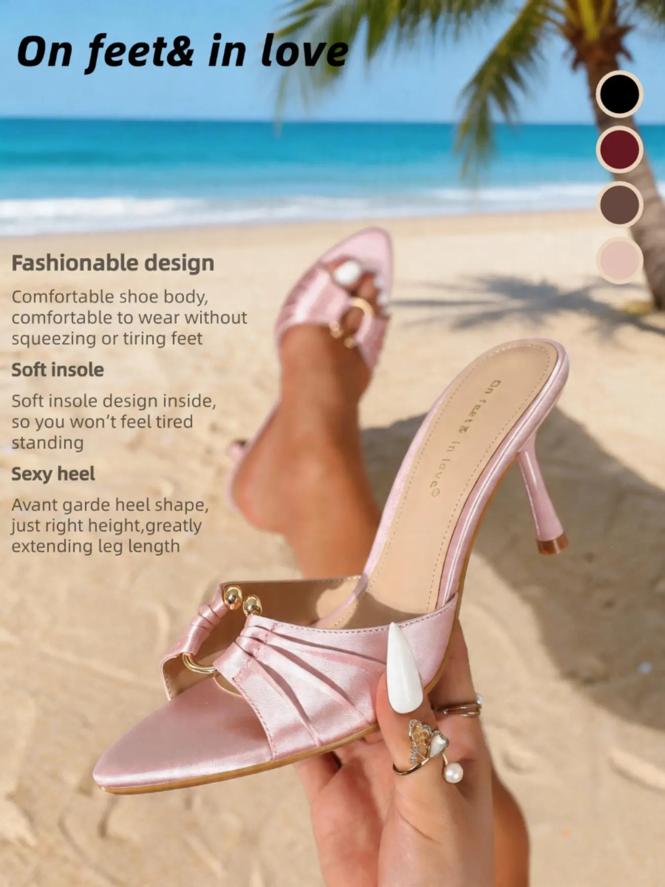 Women's Black Satin Ruched Stiletto Slides, Metal Decor Toe Ring Sandals, Dressy Sandals, Elegant Open Toe, Perfect for Date Party, perfect for parties, banquets, and outdoor photo shoots, Comfortable to wear and won't tire your feet, Summer