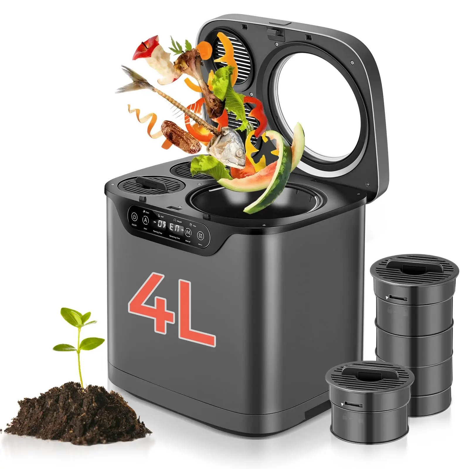 4L Electric Kitchen ComFOHERE Countertop Food Waste Composter with LED Display, Auto-Cleaning, Carbon Filter, Low Noise, Indoor Compost Bin