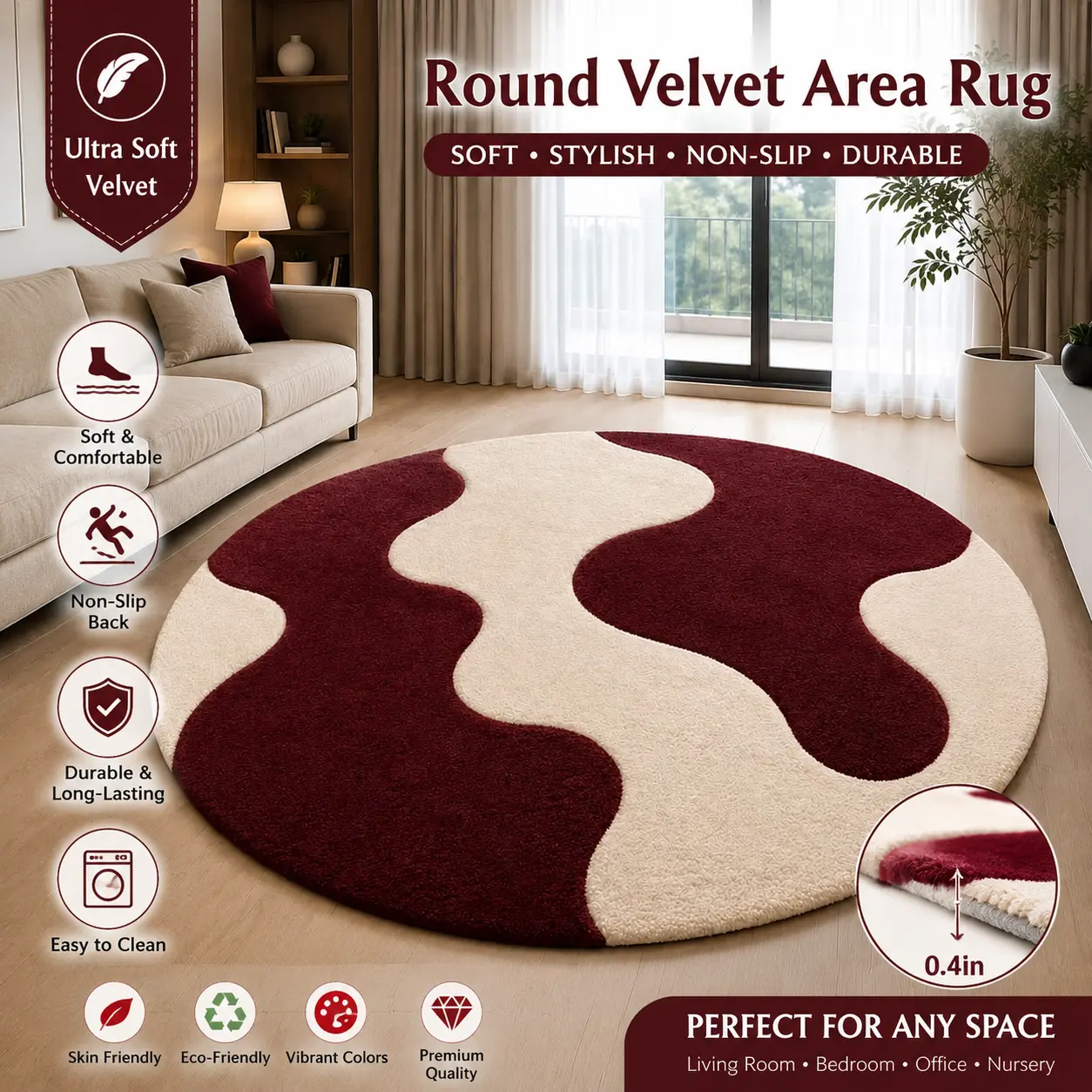 Round Velvet Abstract Wavy Non-Slip Circular Rug Soft Plush Shaggy Floor Carpet for Living Room, Bedroom Home Decor, Wine Red & Cream
