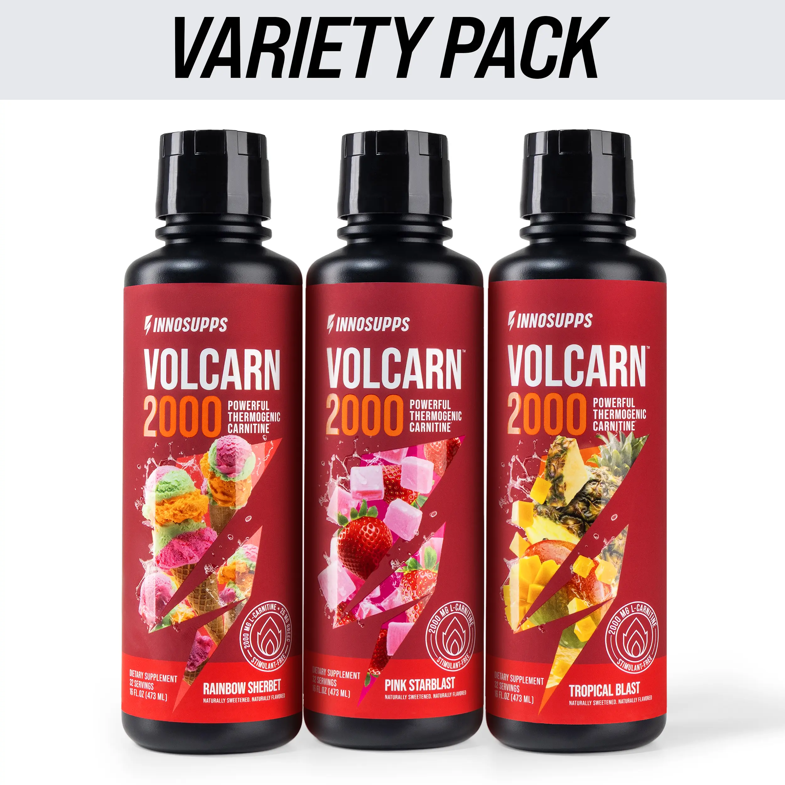 Inno Supps Volcarn 2000 3-Pack Multi-Pack Liquid L-Carnitine Drink Bottles, Sugar-Free Adult Dietary Supplement, Caffeine-Free, High Carnitine, GBEEC, ATP-Boosting Energy Workout Fuel, Clean Fitness Support, Body Health Stack