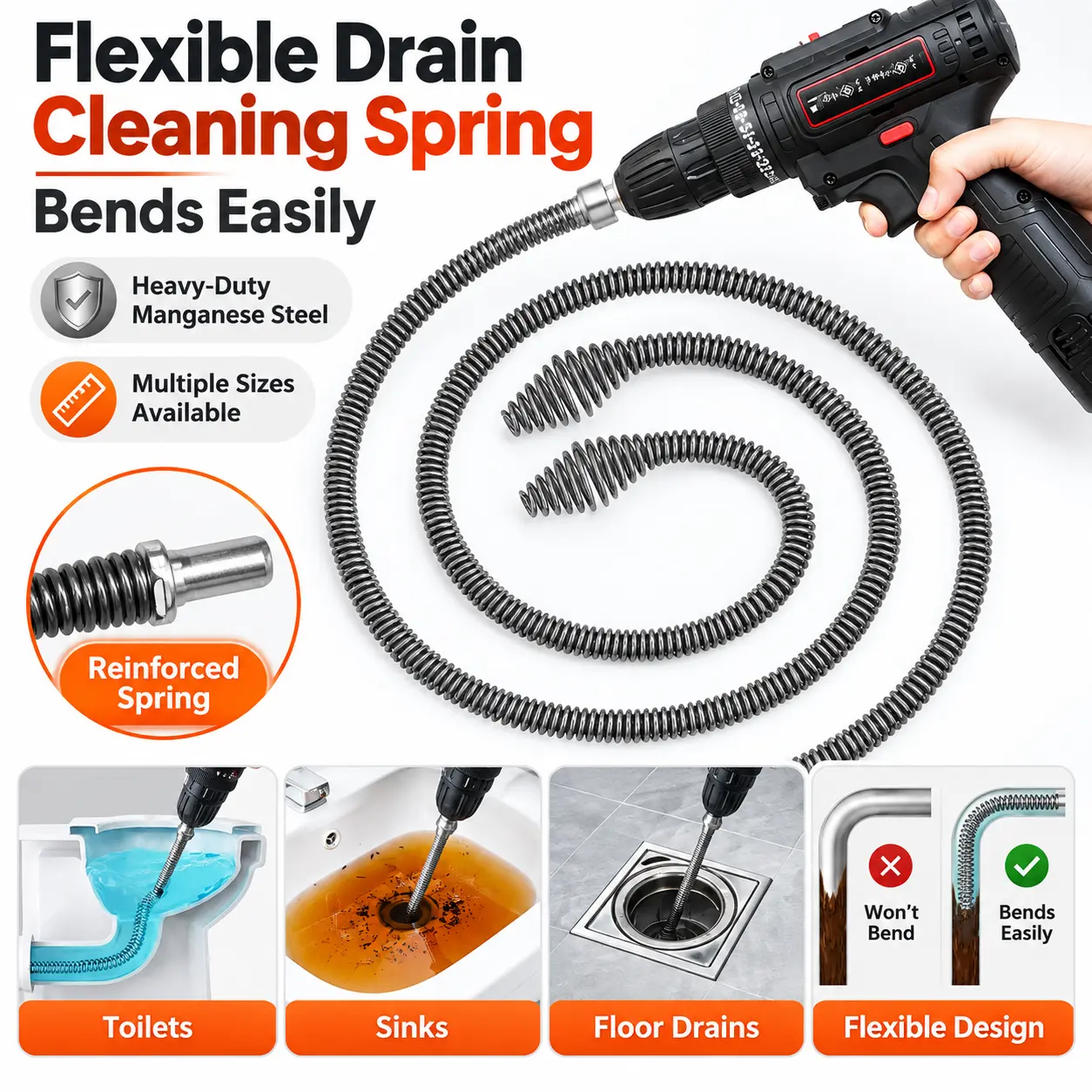 Heavy Duty Flexible Drain Snake Auger Plumbing Tool with Drill Connector, Spring-Connector, Multi-Length Set for Curved Pipes, Sink/Toilet/Floor Drain Clog Remover for Home Use
