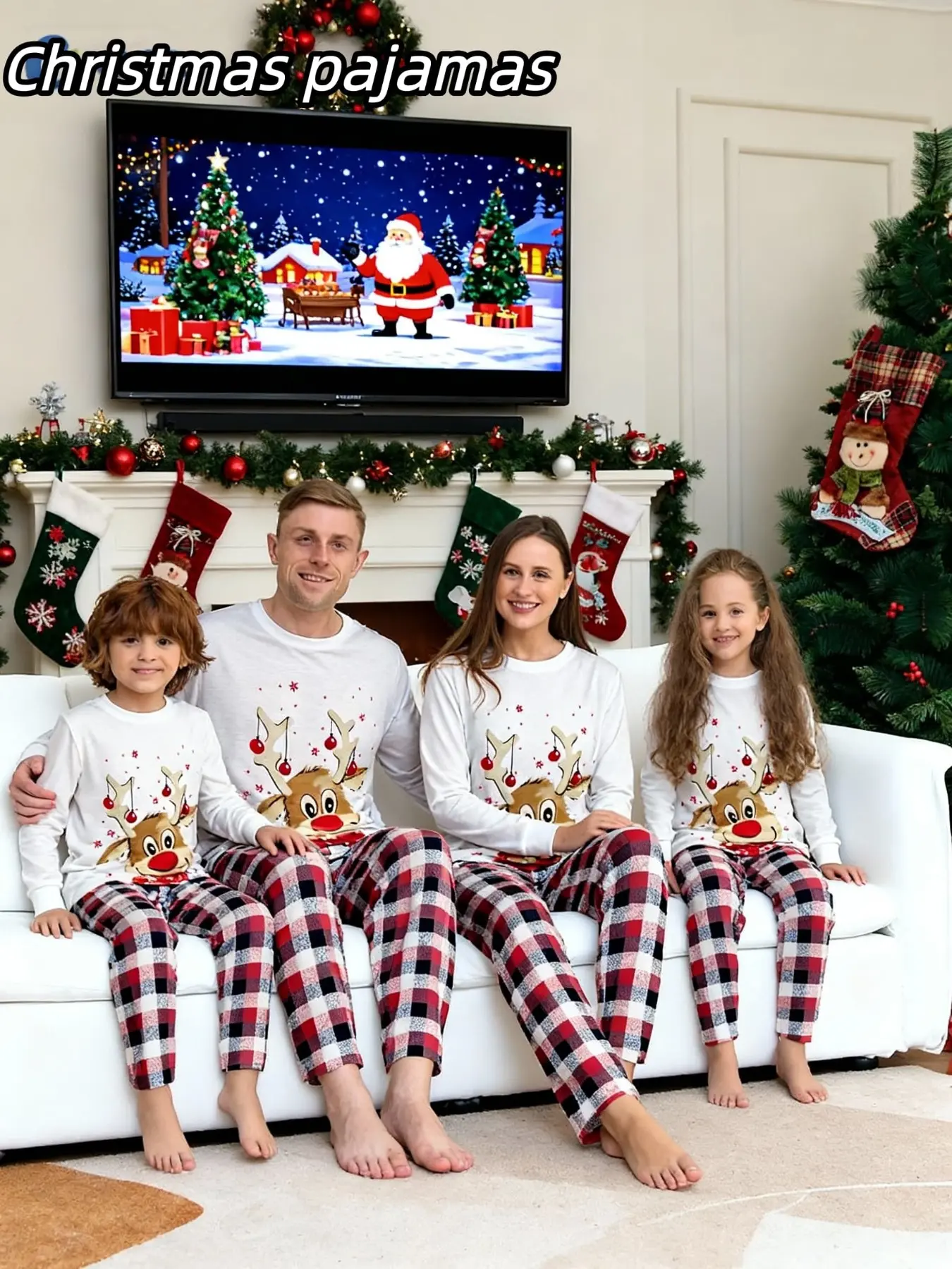 Family Pajama Set, Christmas Themed, Cartoon Reindeer Print Top, Striped Plaid Pants, Casual Fitted Sleepwear