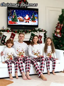 Family Christmas Pajamas Set, Cartoon Smiling Reindeer Print Top & Striped Pants, Casual Fitted Sleepwear for All Seasons