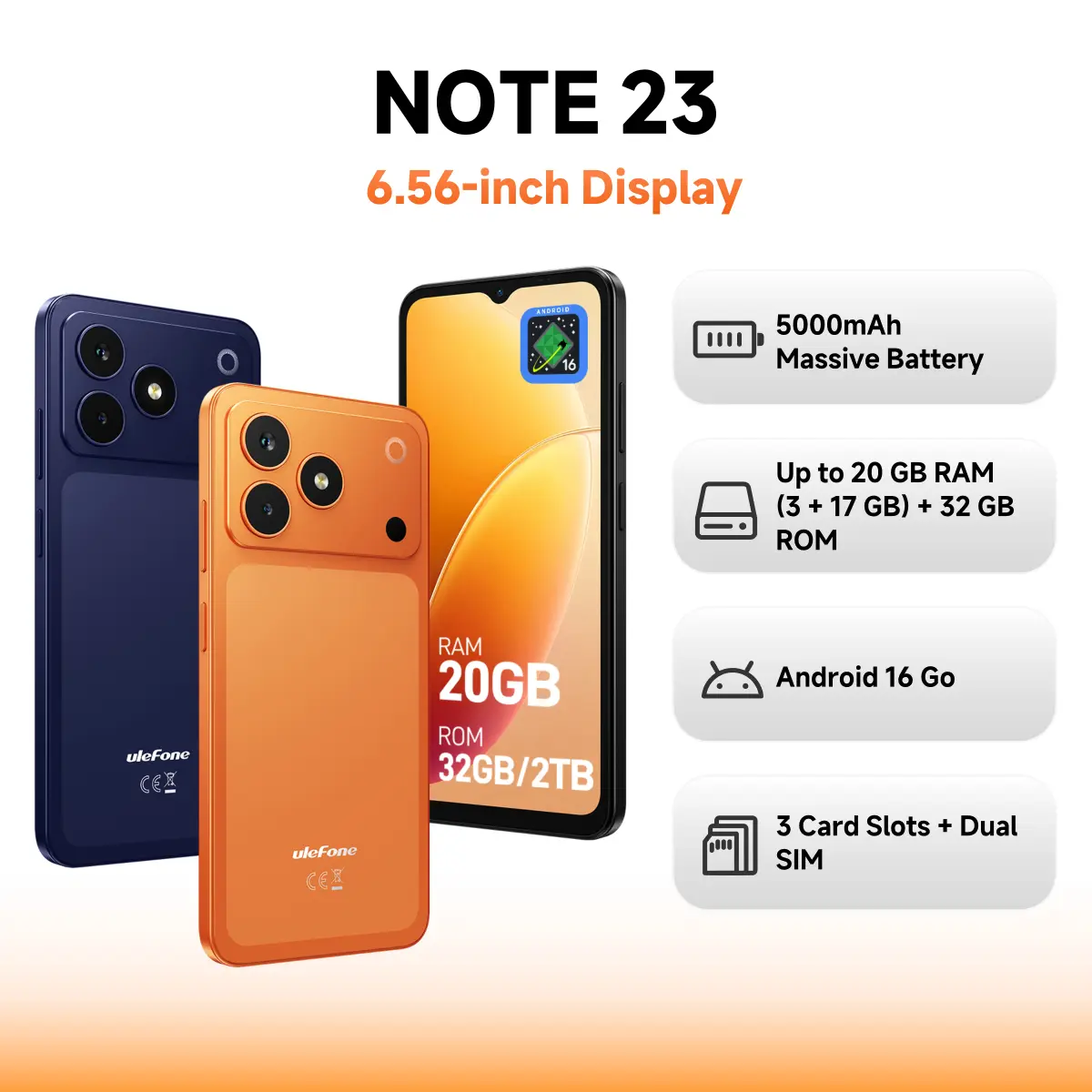 <Ulefone> Note 23 Unlocked Smartphone, 6.56" 90Hz Display, 20GB RAM + 32GB ROM, 5000mAh Battery, Android 16 Go, Dual SIM + MicroSD (Black)