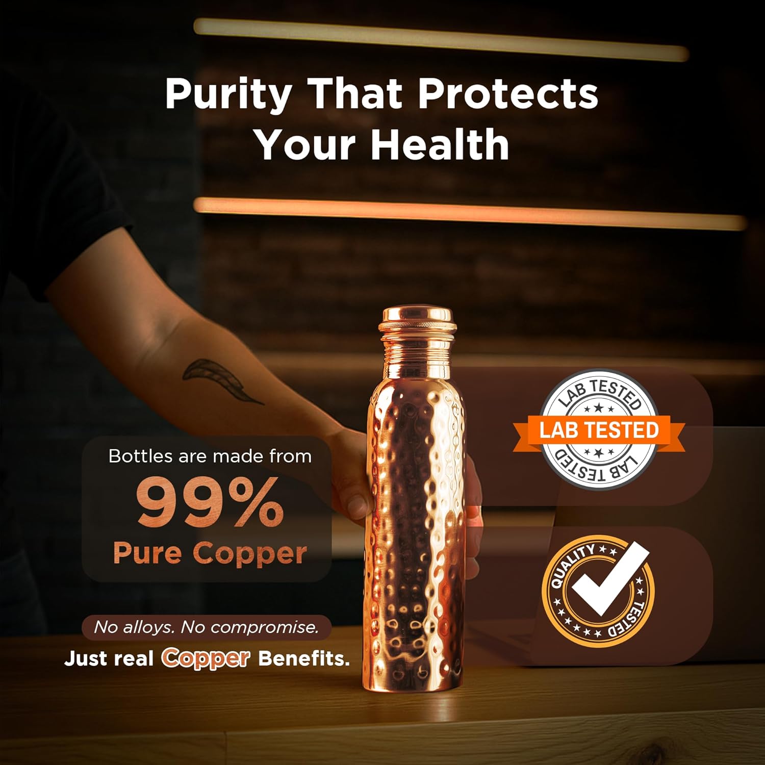Pinnaclex New Launch Copper Water Bottle 34 Ounces | 100% Pure Copper For Ayurveda Health Benifit | Hammered Design Handmade For Drinking Water | Tested Leak Proof Lid