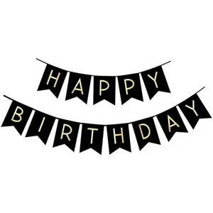 Black Happy Birthday Bunting Banner with Shiny Gold Letters Party Supplies