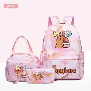 3pc Cracked Design School Backpack Set, Cute Cartoon Capybara Theme, Multiple Colors, Durable Material, Multi Function Backpack, Computer Compartment, Lunch Bag & Pencil Case
