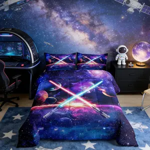 Lightsaber Comforter Set,Galaxy Universe Planet Bedding Set,Teens Boys Girls Room Decor,Trippy Star Sky Quilted Duvet Set,Watercolor Duvet Insert