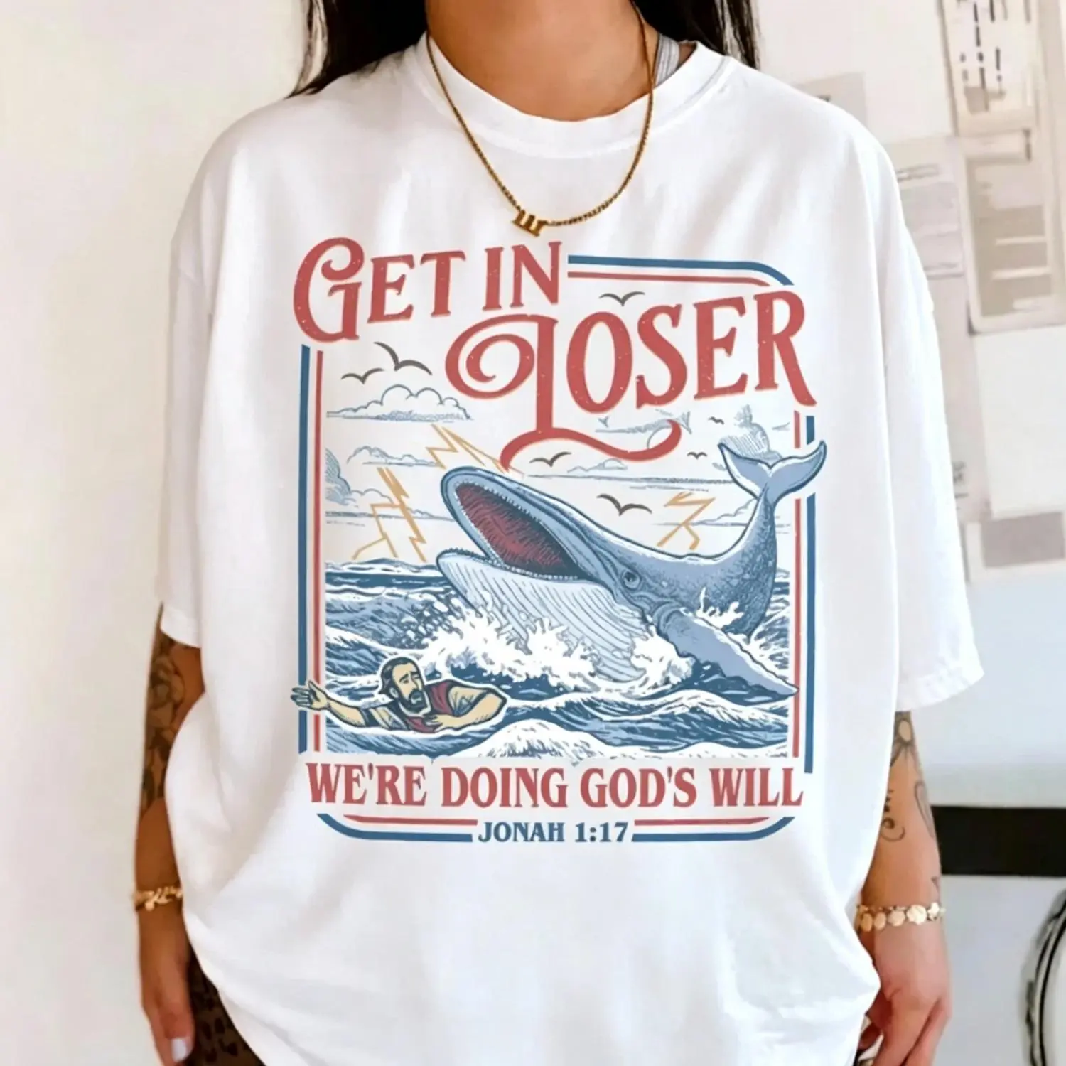 Get In Loser We're Doing God's Will Shirt, Funny Christian Bible Tshirt, Retro Jonah And The Whale Tee, Bible Verse Gift