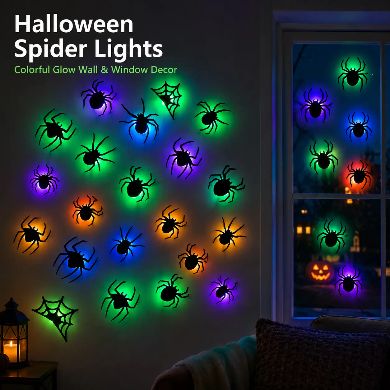 Halloween Spider String Lights 9/18/27PCS Set, Colorful LED Spiders & Web Lights for Indoor Outdoor Party Decor