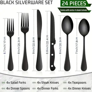 24-PCS Black&Silver Stainless Steel Silverware Set, Flatware Set for Kitchen, Cutlery Set and spoon set,Silverware Set, Silver Stainless Steel Flatware Set