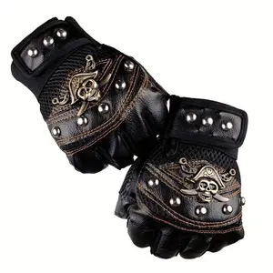 Half-Finger Skull Rivet Gloves, Pirate-Inspired Cool Tough Design for Cycling, Halloween, Outdoor Sports & Events