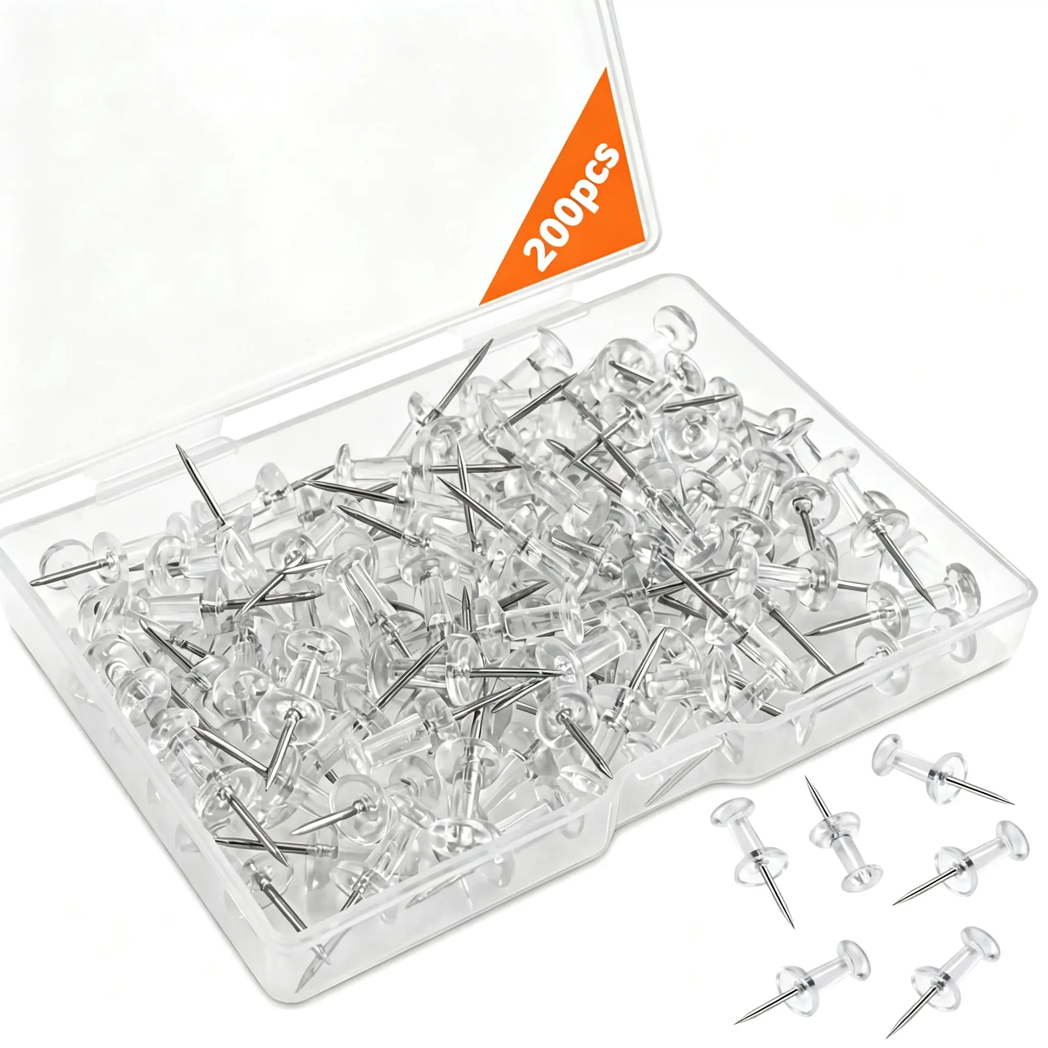 200Pcs Sturdy Lightweight Heavy Duty Push Pins Tacks - Transparent Plastic Head, Steel Tip, Standard Size - Multi-Use for Corkboard, Cardboard, Classroom, Kitchen - Sewing Tool Kit Accessory for Crafting