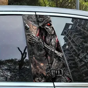 2pc Denim Skull Car B-Pillar Protection Sticker, Easy Peel & Stick, Sunproof Waterproof Scratch-Resistant, Fits All Cars, Car Exterior Decoration, Car Decals